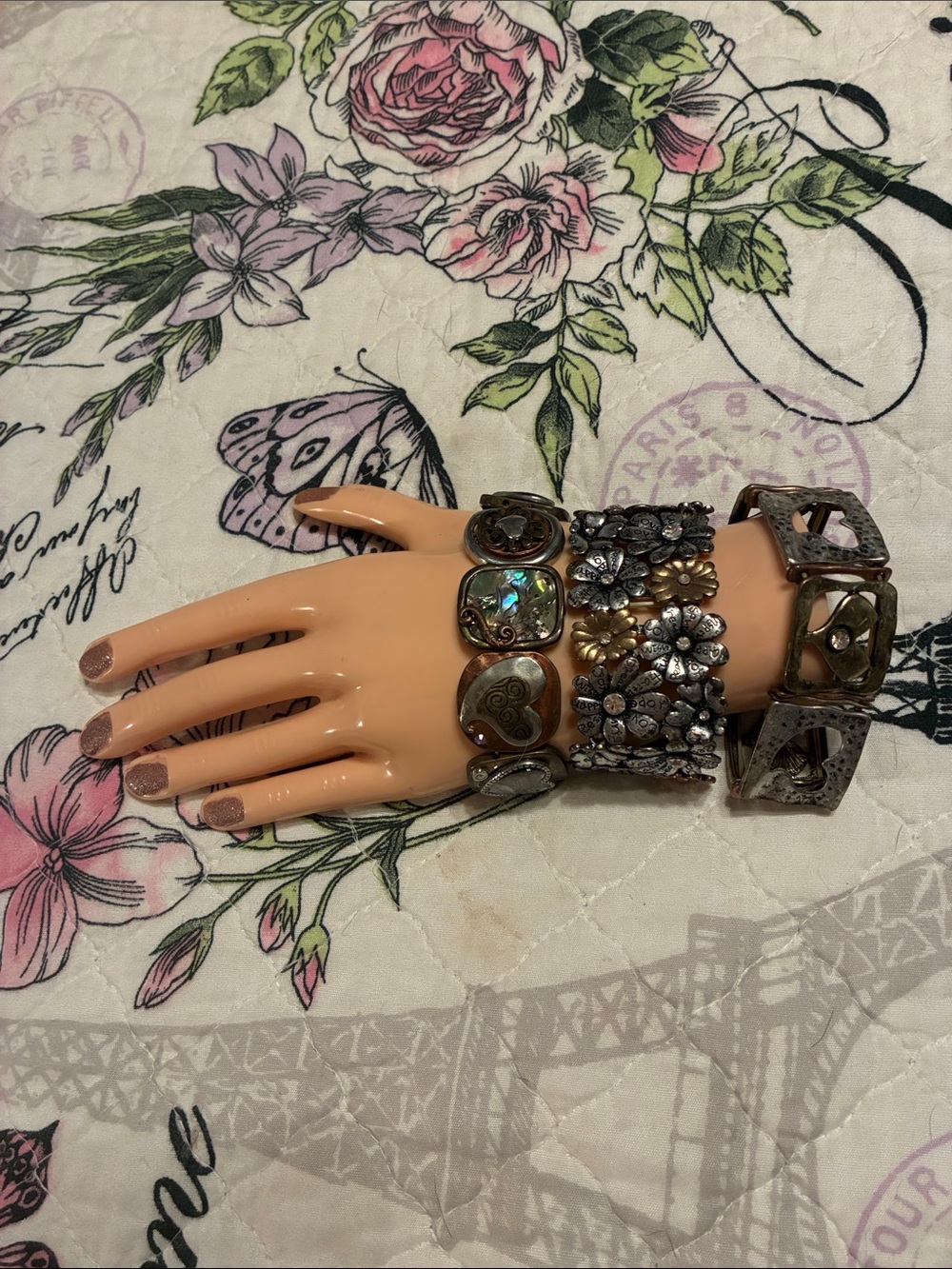 Mixed Metal Floral and Heart Stretch Bracelets-All need to be re-strung